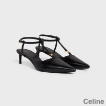 Celine Kitten Slingback Pumps Women Calfskin With Triomphe T-bar Strap Black