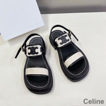 Celine Clea Triomphe Platform Sandals Women Calfskin and Canvas Black/White
