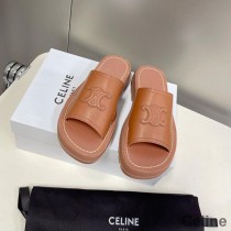 Celine Clea Triomphe Platform Slides Women Vegetable Tanned Calfskin Brown