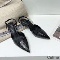 Celine Kitten Slingback Pumps Women Laminated Ayers With Triomphe Strap Black