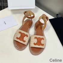 Celine Lympia Flat Strap Sandals Women Raffia and Calfskin Beige/Brown