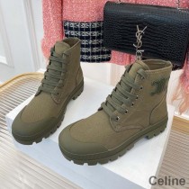 Celine Patapans Lace Up Boots Women Canvas With Triomphe Patch Khaki
