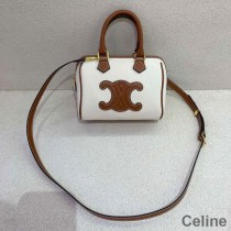 Celine Small Boston Bag In Textile With Cuir Triomphe White/Brown