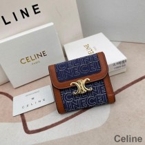 Celine Small Tri-Fold Wallet Triomphe In Celine Print Textile Navy Blue/Brown