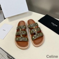 Celine Tippi Platform Slides Women Calfskin With Triomphe Signature Green