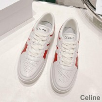 Celine Trainer Low Lace-Up Sneakers Unisex Calfskin and Laminated Calfskin White/Red