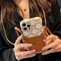 Celine Triomphe iPhone Case In Canvas Silicon With Card Holder and Strap White