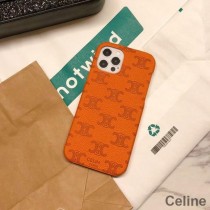 Celine Triomphe iPhone Case In Leather With Signature Print Orange