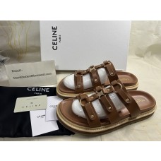 Celine Tippi Platform Slides Women Calfskin With Triomphe Signature Brown