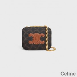 Celine Box Chain Bag In Triomphe Canvas With Cuir Triomphe Black