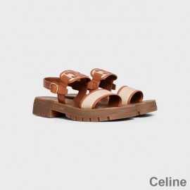 Celine Clea Triomphe Platform Sandals Women Calfskin and Canvas Brown/White
