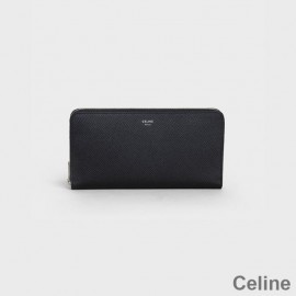 Celine Large Zipped Wallet In Grained Calfskin Black