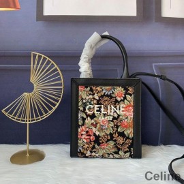 Celine Mini Vertical Cabas Bag In Floral Jacquard Black