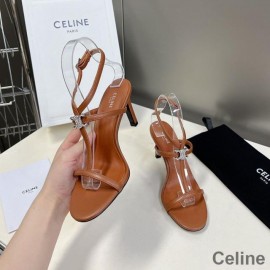 Celine T-bar Crystal Triomphe Sandals Women Calfskin With Ankle Strap Brown