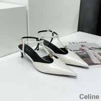 Celine Kitten Triomphe T-bar Askılı Dana Derisi Arkası Açık Bayan Topuklu Ayakkabı Beyaz