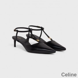 Celine Kitten Triomphe T-bar Askılı Dana Derisi Arkası Açık Bayan Topuklu Ayakkabı Siyah