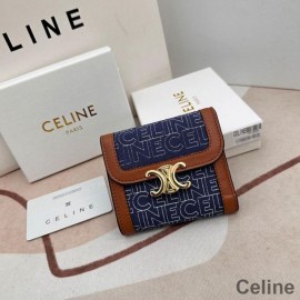 Celine Kleine Dreifach Faltbare Geldbörse Triomphe Aus Textil Mit Celine-Print Marineblau/Braun