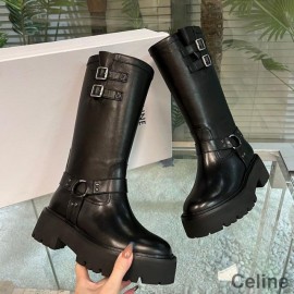 Celine Bulky Mid Biker Boots Donna Pelle di vitello con imbracatura Nero/Argento
