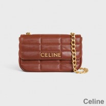 Bolsa de ombro com corrente Celine em couro de bezerro acolchoado com letras Celine Marrom