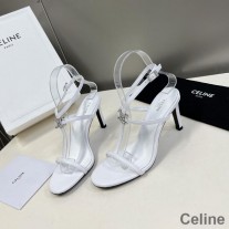 Celine T-bar Crystal Triomphe Sandálias femininas de couro de bezerro com tira no tornozelo branca