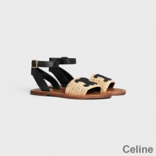 Celine Lympia Sandals Strap Maol Mná Raffia agus Craiceann laonna Beige/Dubh