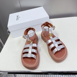 Celine Clea Triomphe Gladiator zdepaste sandale ženske teleće kože s remenom oko gležnja srebrne