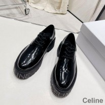 Dámske leštené topánky Celine Bulky Derby Bull s podrážkou s hrotmi čierna