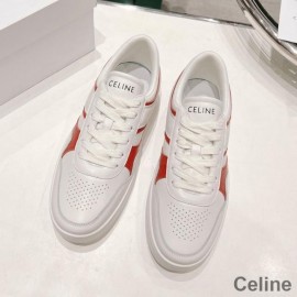Celine Trainer Niskie sznurowane tenisówki unisex ze skóry cielęcej i laminowanej skóry cielęcej, biało-czerwone