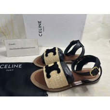 Celine Lympia Flat Strap Sandals Women Raffia and Calfskin Beige/Black