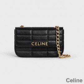 Celine Chain Shoulder Bag In Quilted Calfskin With Celine Letters Black