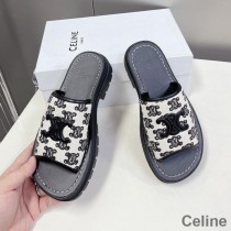 Celine Clea Triomphe Platform csúszdák női triumfával bélyegzett vászon és borjúbőr fekete/fehér